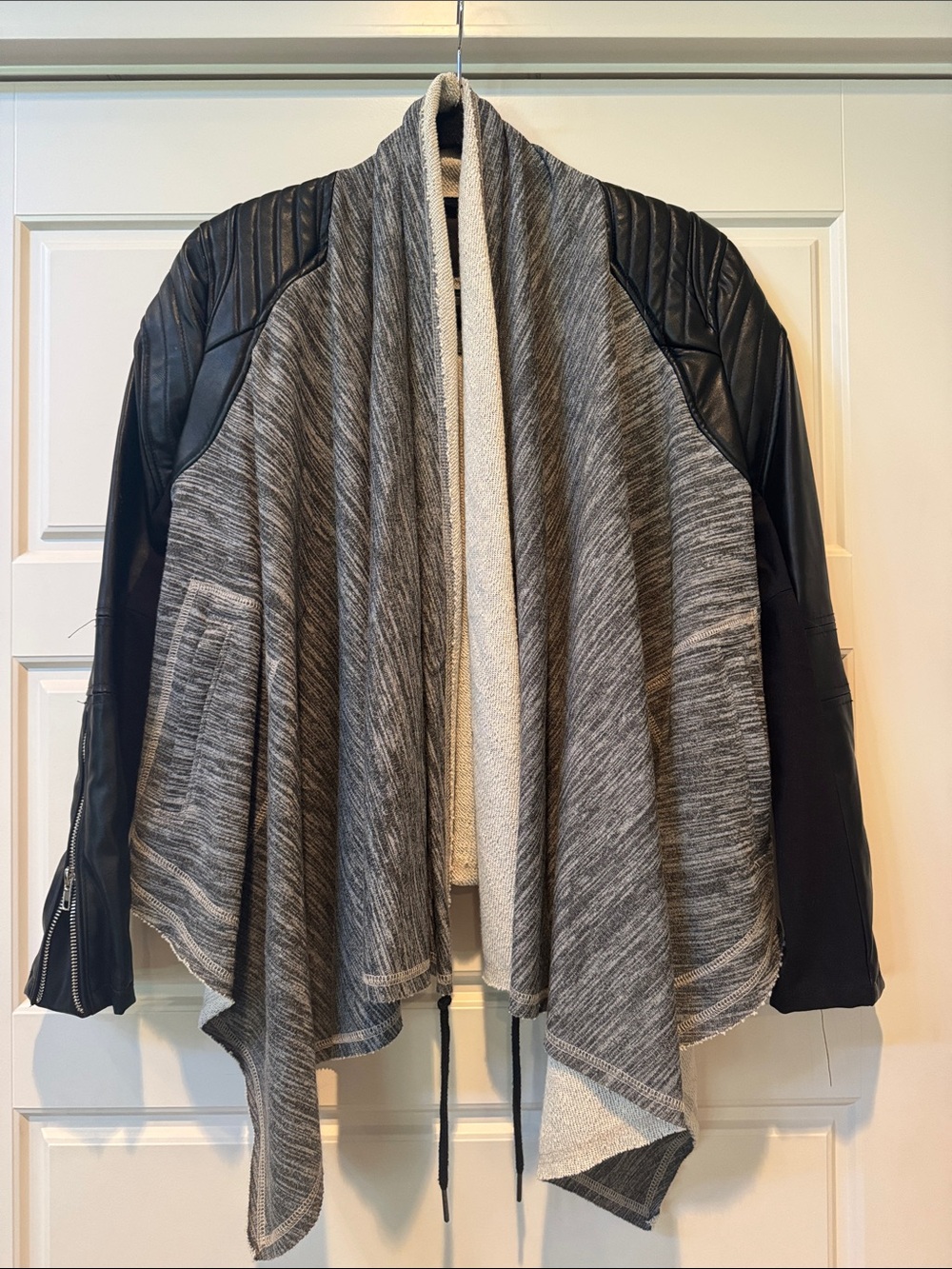 BlancNYC Woven Gray / Black Draped Jacket with Faux Leather Sleeves- SZ: XS